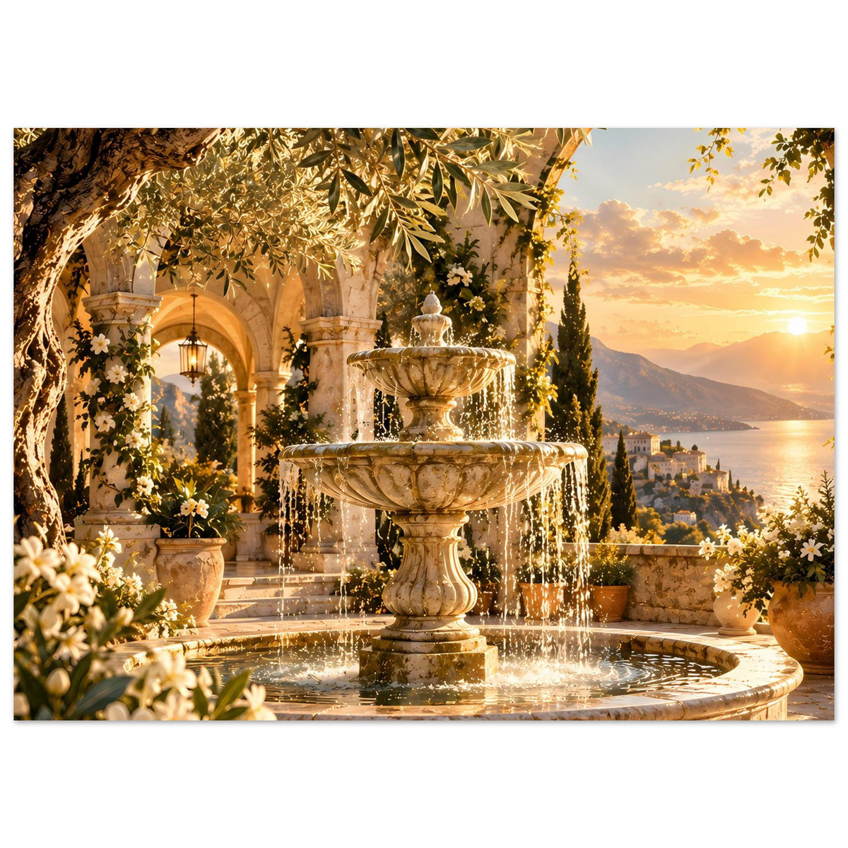 Querformat-Poster mit Springbrunnen, Blumen und mächtigem Baumbogen bei Sonnenuntergang
