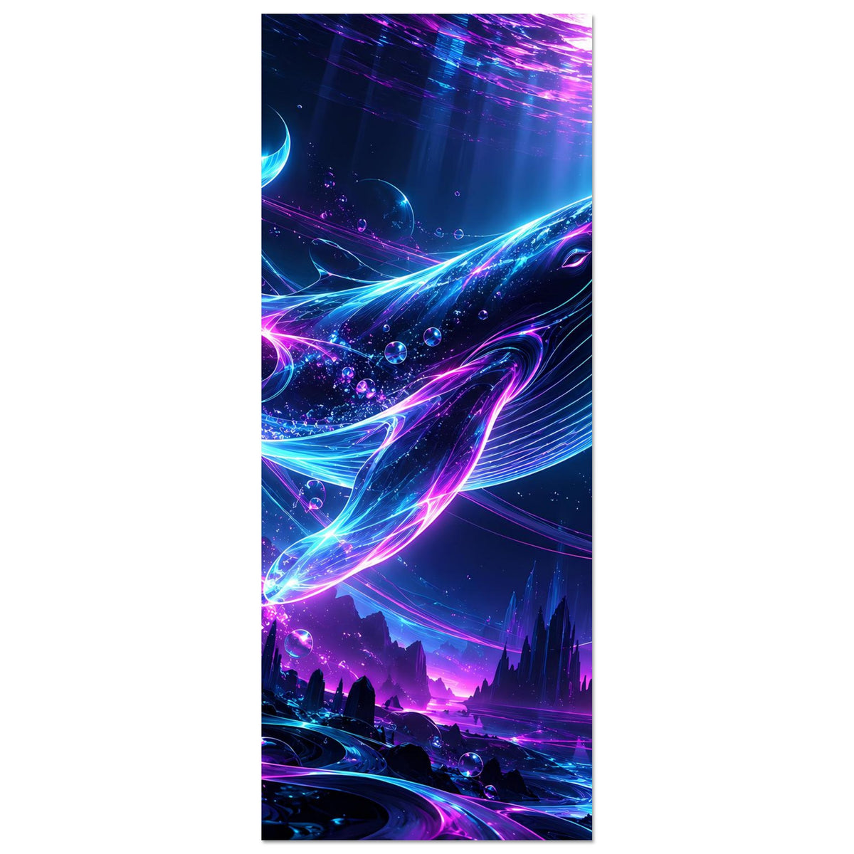 Vertikal zugeschnittenes Neonposter: Wal-Motiv in Blau und Pink mit Wassertropfen