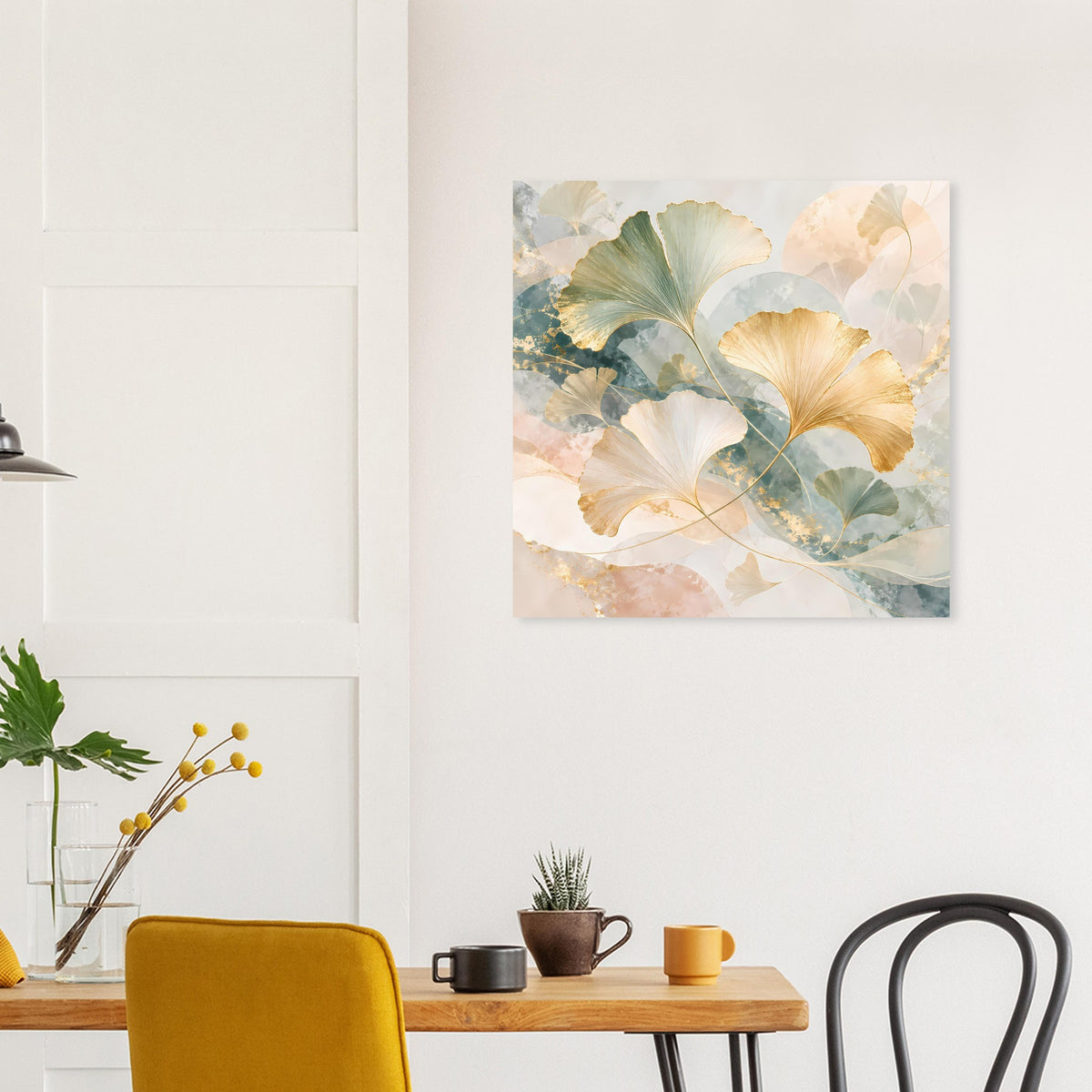 Gerahmtes Poster mit Ginkgo-Blättern: beige, grün und Goldglitzer