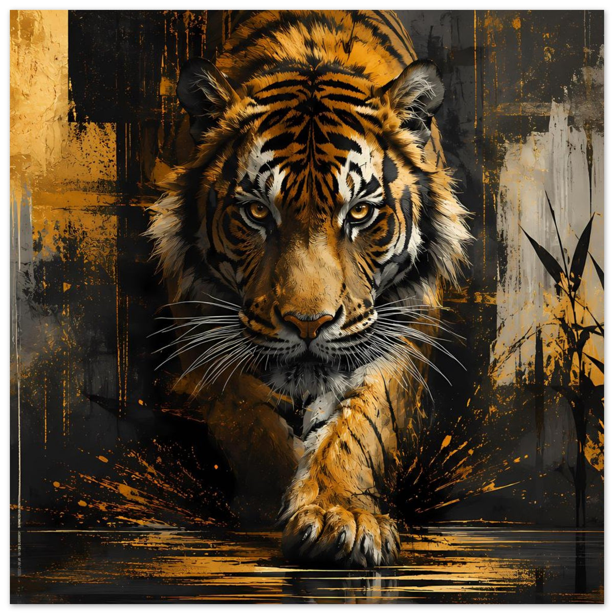 Tiger-Poster im Hochformat: goldgelbes Fell, schwarz-gelbe Streifen, Pfote nach vorn