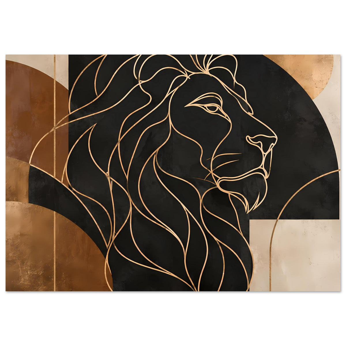 Poster, Ausschnitt des geometrischen Löwen: goldene Linien auf Schwarz, abstrahierte Bronze-Segmente