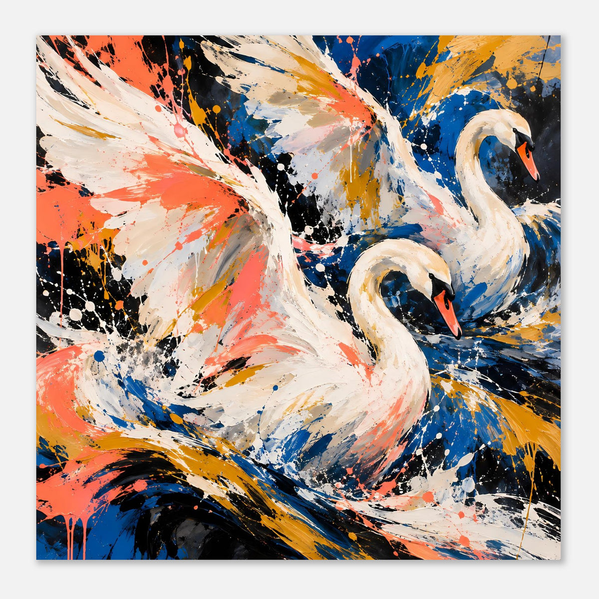 Kunstposter im Querformat mit weißen Schwänen, abstrakt mit Sprenkel und Farbflecken
