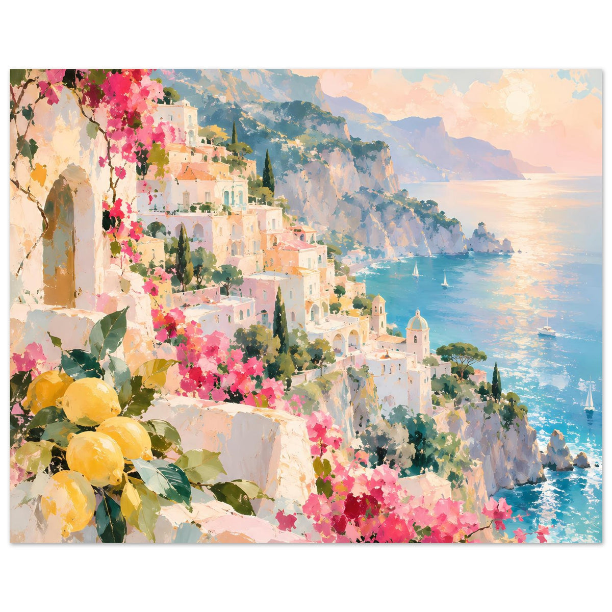 Kunstdruck-Poster mit mediterraner Küste: Stadt, rosa Blüten, gelbe Früchte, Meer und Berge