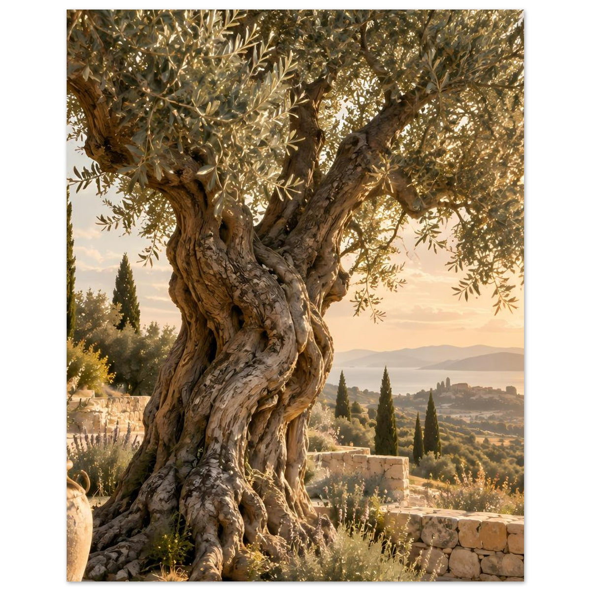 Olivenbaum-Poster mit knorrigem Stamm und Olivenzweigen, mediterrane Landschaft
