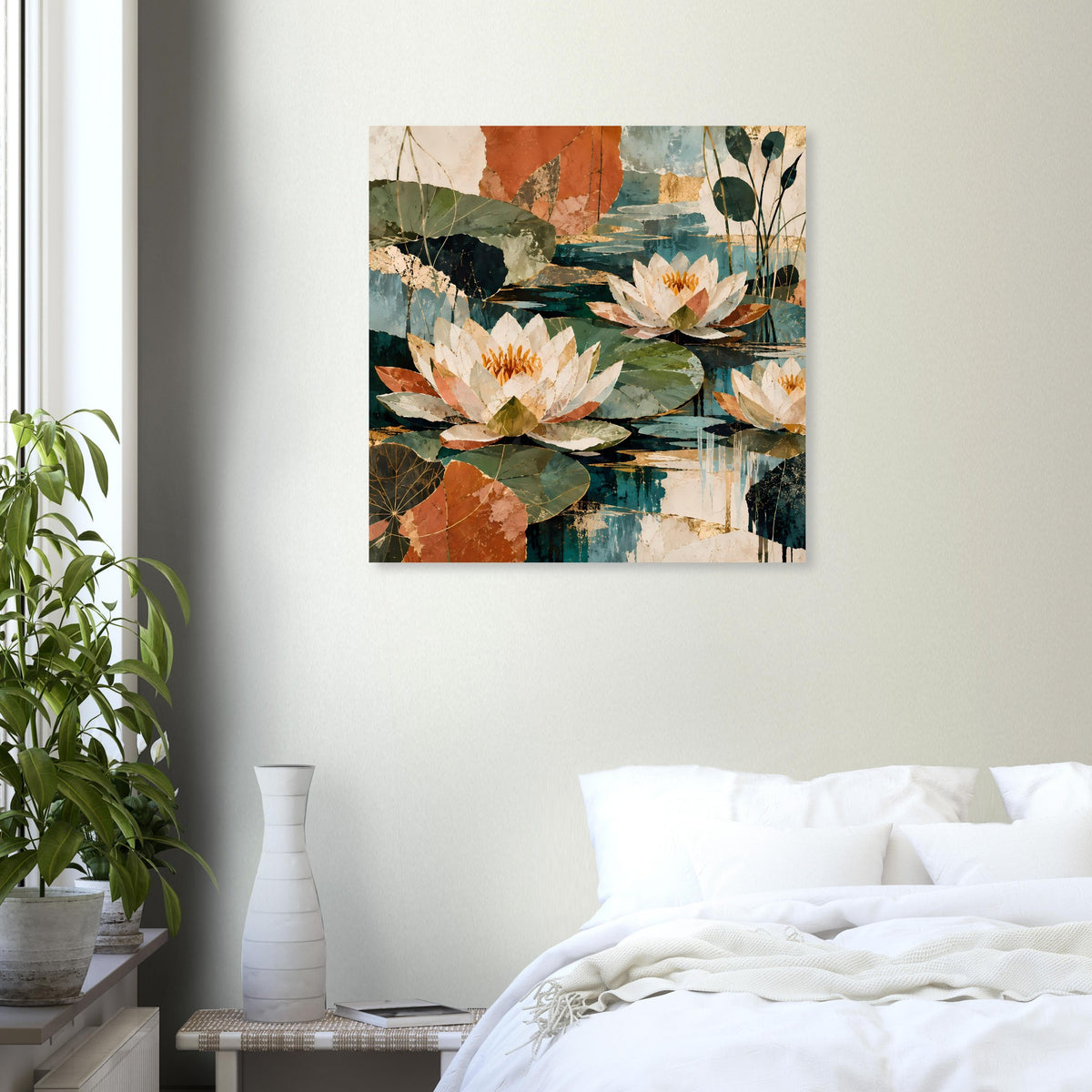 Botanisches Poster mit Seerosenblüten, grüne Blätter und Farbflecken in Blau/Orange