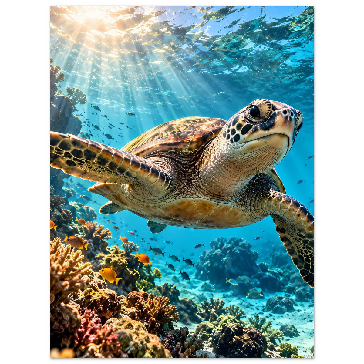 Unterwasser-Schildkrötenposter mit Meeresschildkröte im Vordergrund vor blauem Ozean