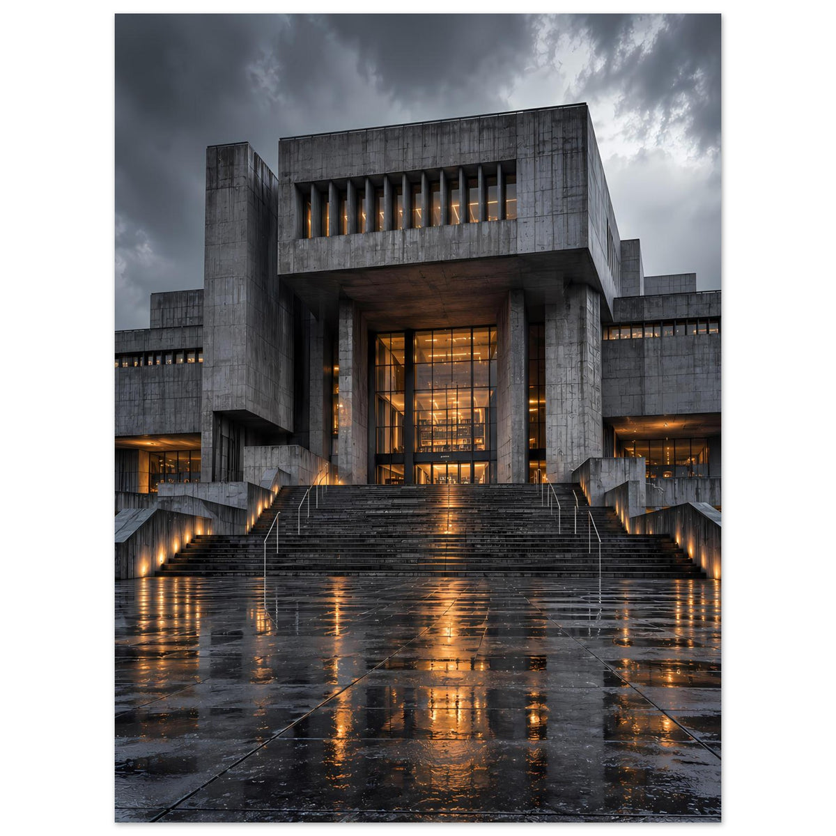 Architekturposter: Betonbau mit beleuchtetem Innenraum durch große Fensterfront