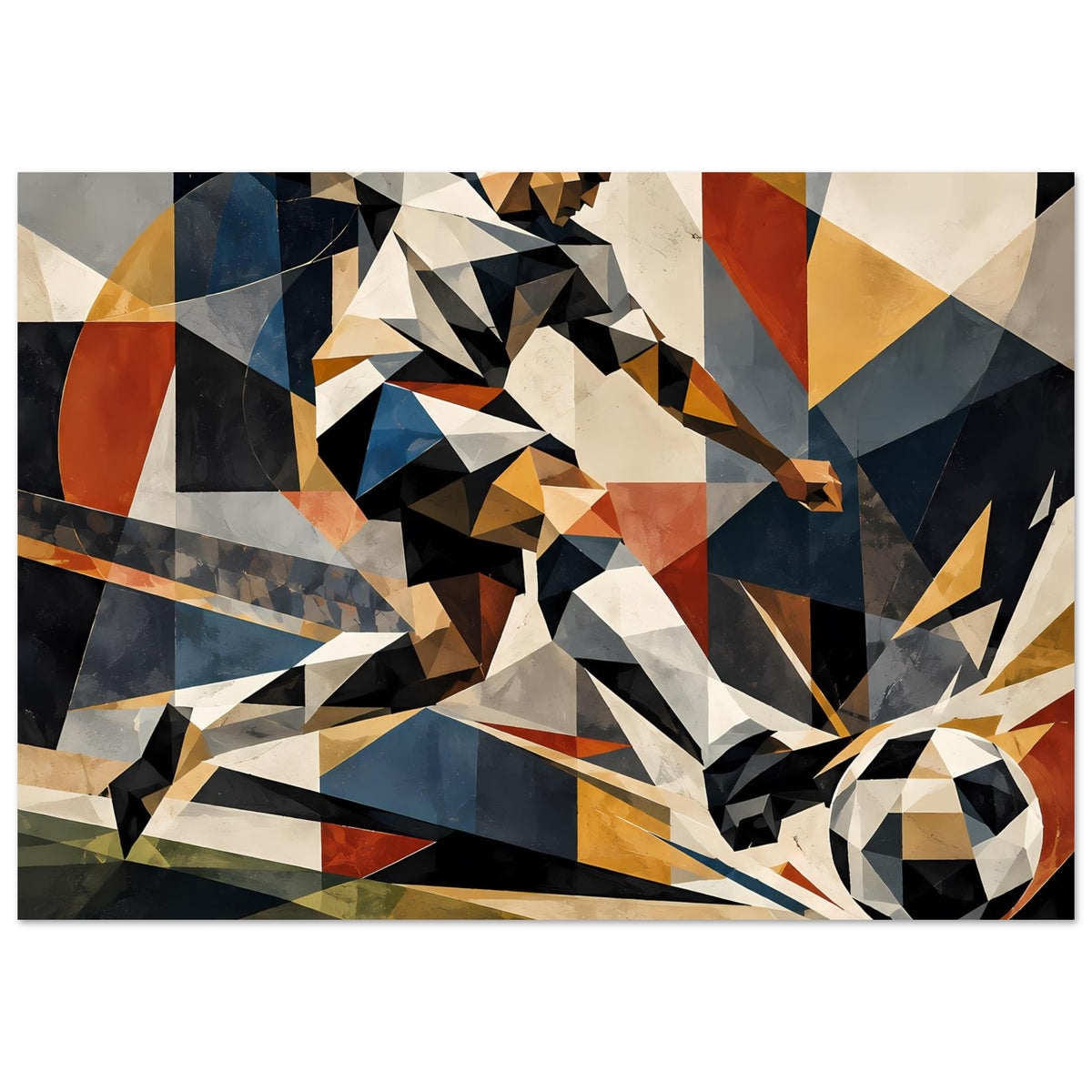 Poster mit abstraktem geometrischem Fußballspieler, farbige Dreiecke und Streifen, Ball