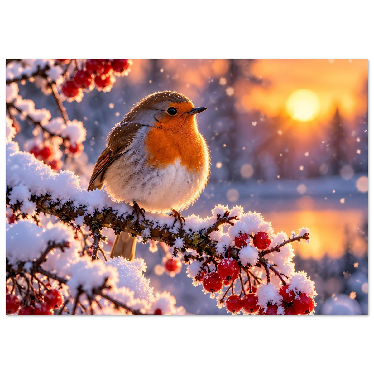 Hochformat-Poster: Rotkehlchen auf schneebedecktem Zweig, rote Beeren vorn.