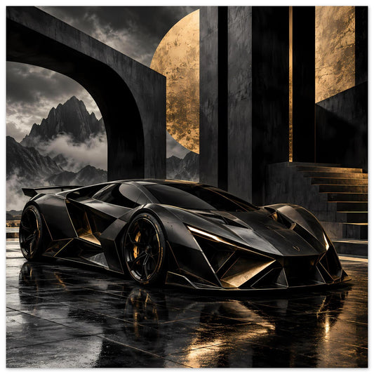 Poster mit futuristischem Supersportwagen in Schwarz und Gold, Front-3/4 mit auffälligen Scheinwerfern