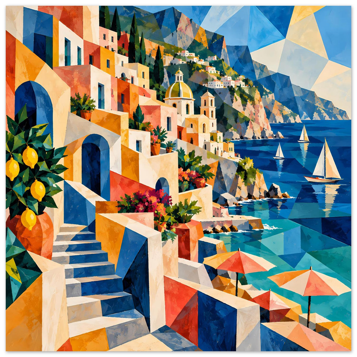 Kunstposter mit Küstenpromenade: Treppen, bunte Fassaden, Meer mit Segelbooten und Sonnenschirmen
