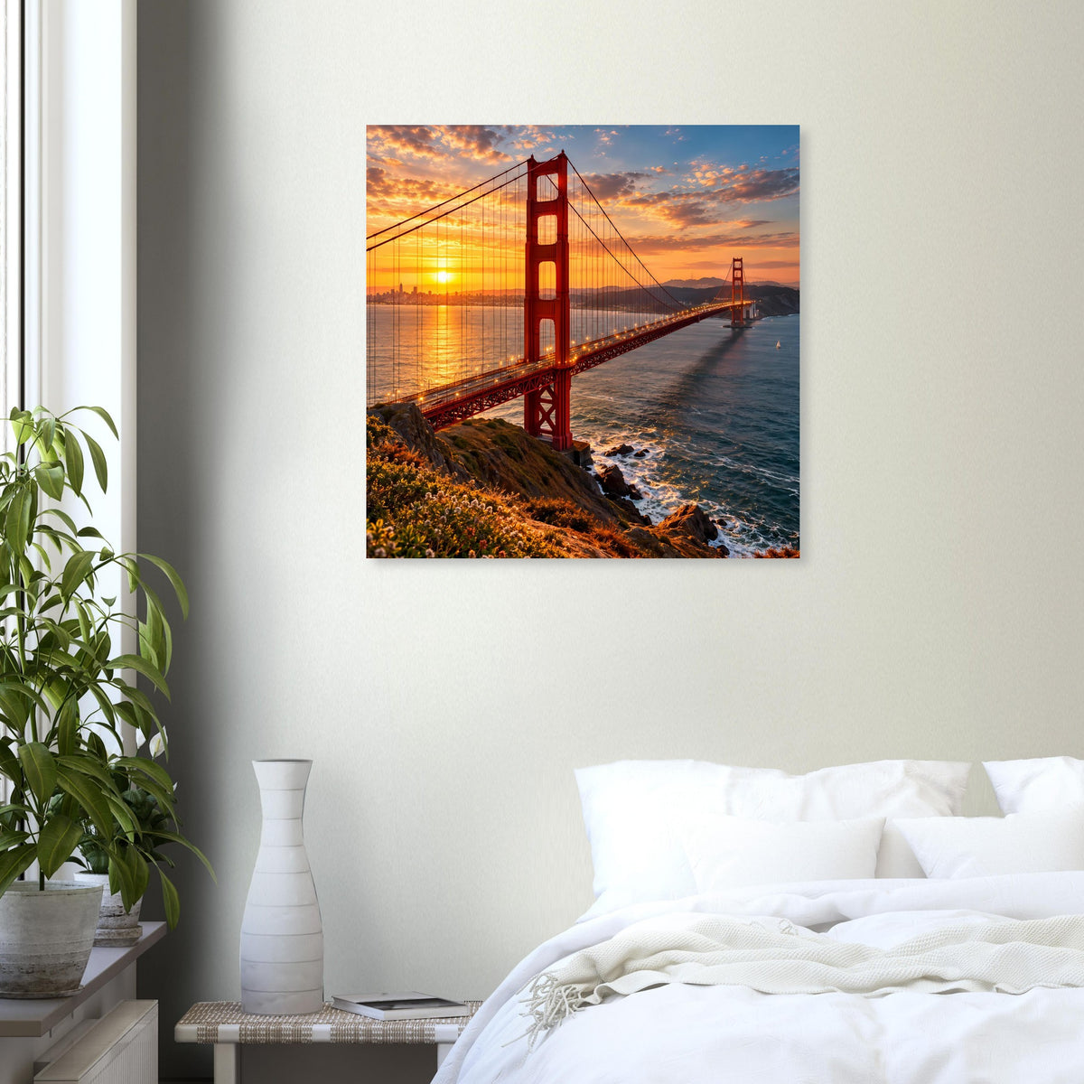 Poster mit Golden Gate Bridge bei Sonnenuntergang, roter Brücke und Uferpromenade
