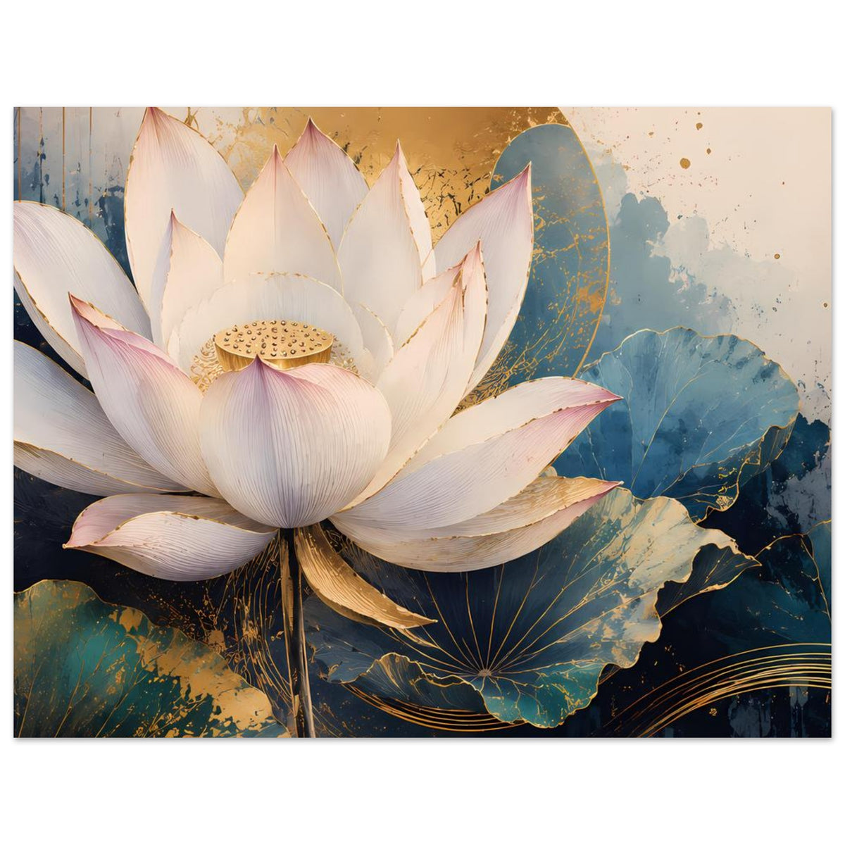 Lotusblumenposter im Hochformat: weiße Blüte, blaue Blätter und goldener Kreis im Hintergrund