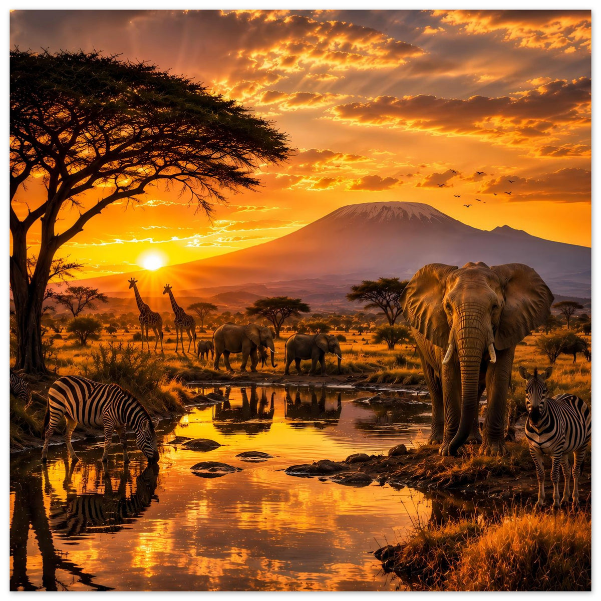 Premium-Poster mit Elefant und Zebras bei Sonnenuntergang: Giraffen, Fluss und Bergsilhouette