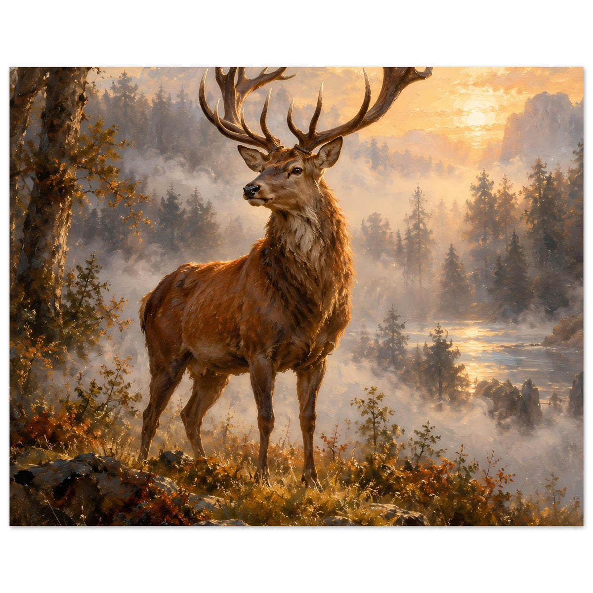 Nahes Hirsch-Sunrise-Poster mit Geweih, warme Sonne über dem Wald
