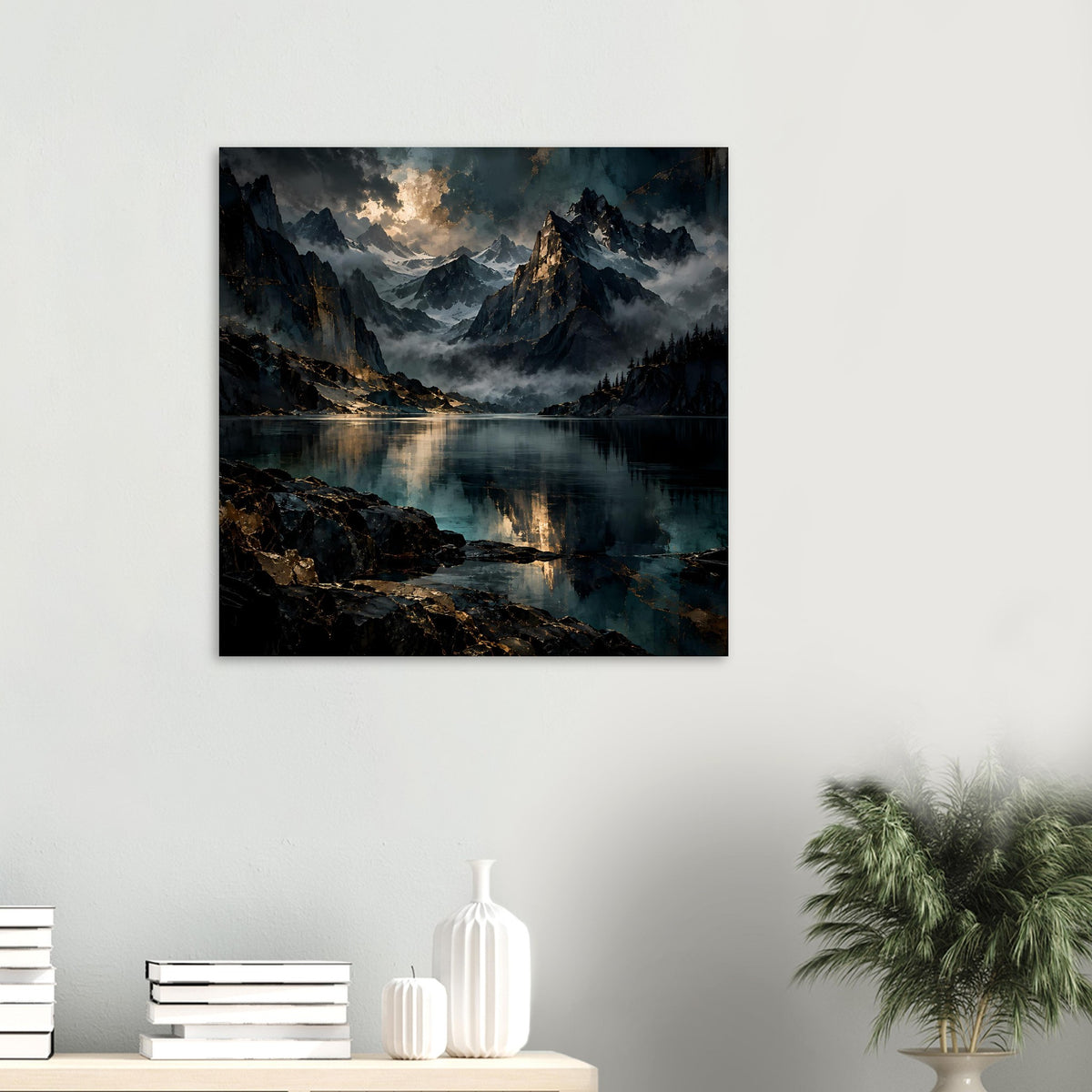 Quadratisches Poster mit nächtlicher Berglandschaft, Bergsee und leuchtendem Himmel