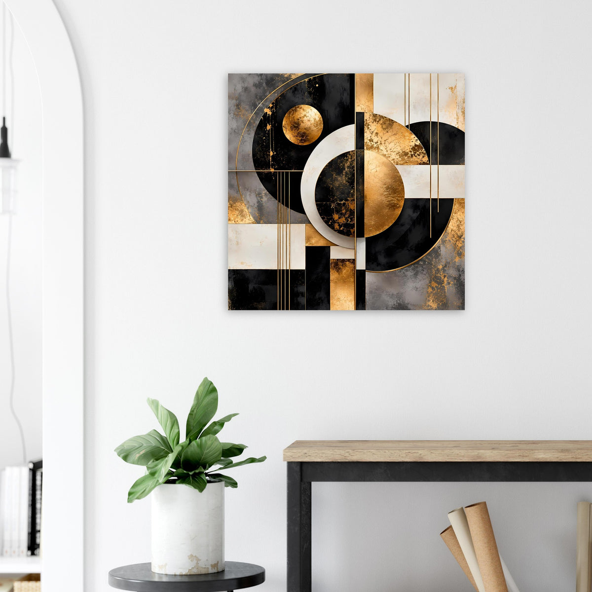 Quadratisches Poster mit abstrakten goldenen Kreisen in Schwarz und Creme