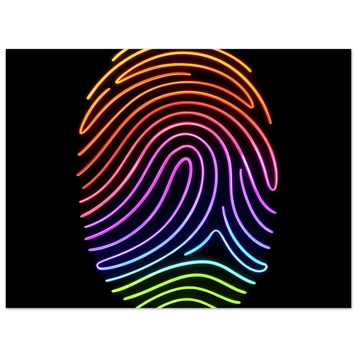 Neon-Regenbogen-Fingerabdruck-Poster: Regenbogen-Neonbogen mit Fingerabdruckmuster auf schwarzem Hintergrund