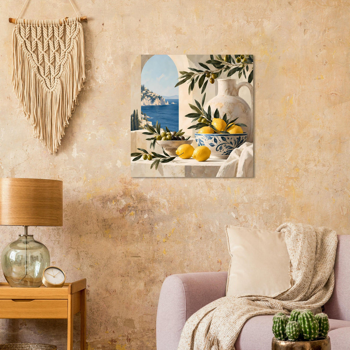 Wandposter mit Zitronen, Olivenzweigen und Keramikgefäß; mediterranes Stillleben im Rahmen