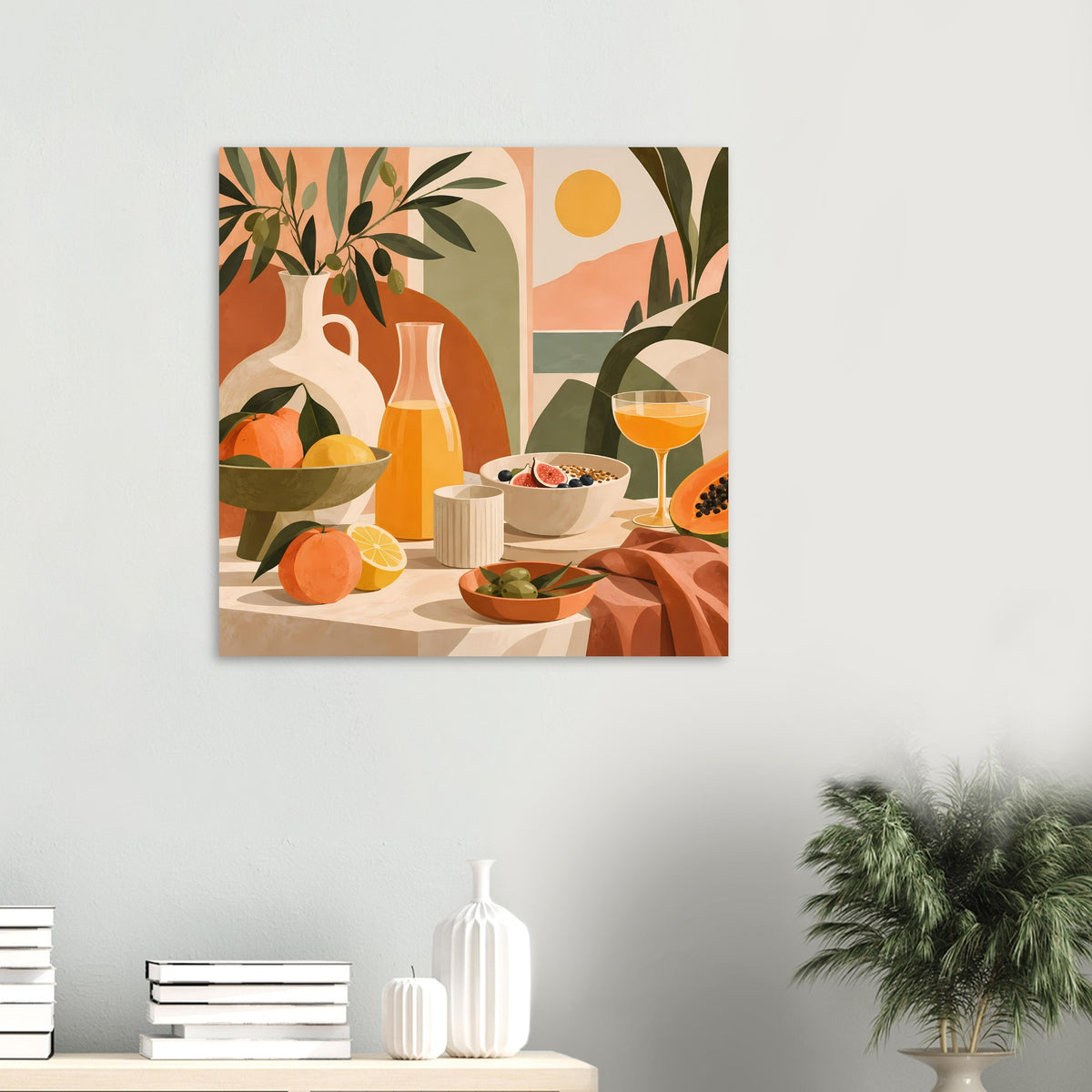 Kleines Küchen-Poster im Boho-Design: Vase, Obst, Schüssel und Weinglas im mediterranen Stillleben