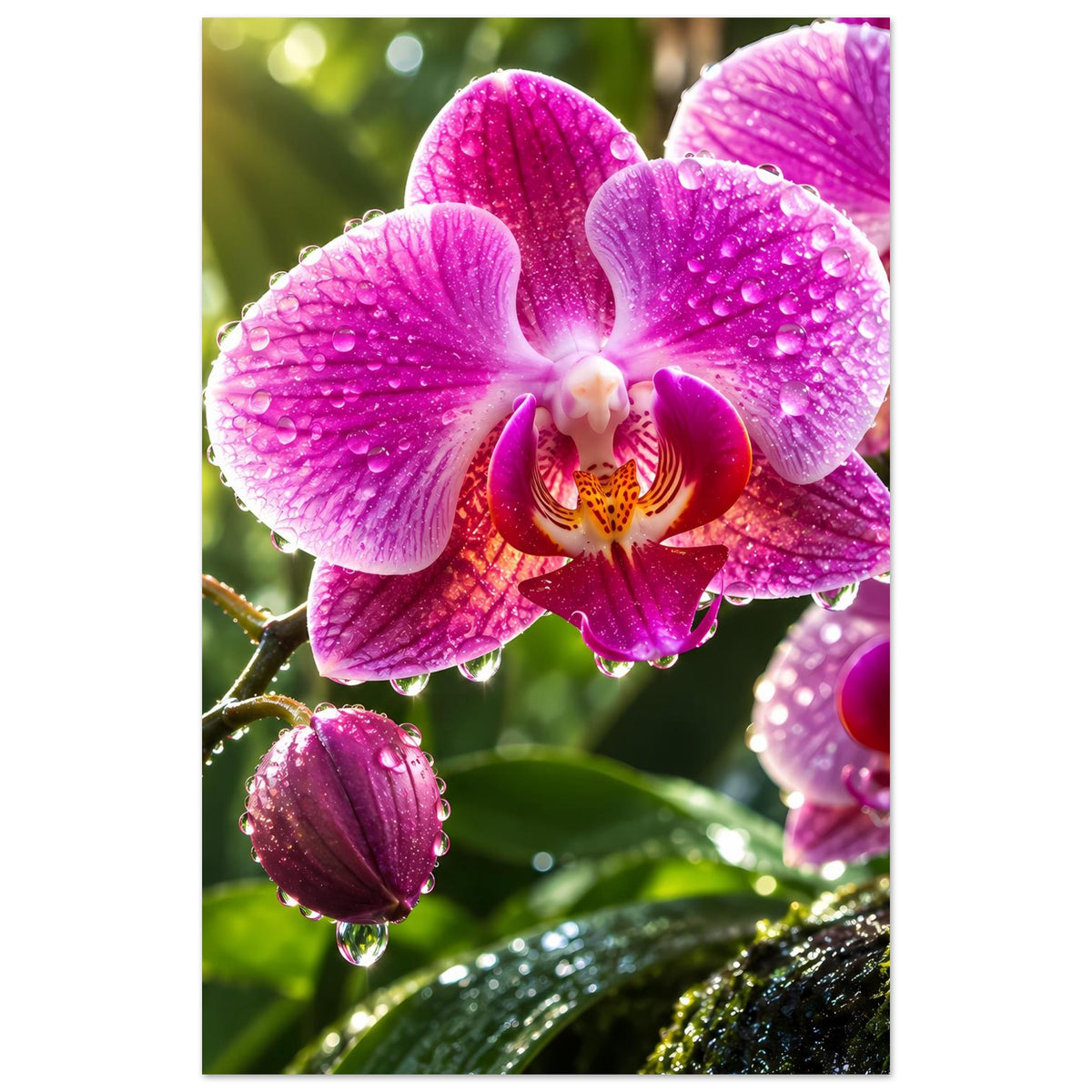 Blumenposter im Hochformat: pinke Orchideenblüten mit Wassertropfen im Detail