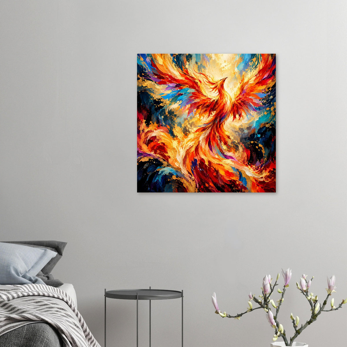Kleines gerahmtes Premium-Poster mit leuchtendem Phönix in Orange-, Blau- und Gelbtönen