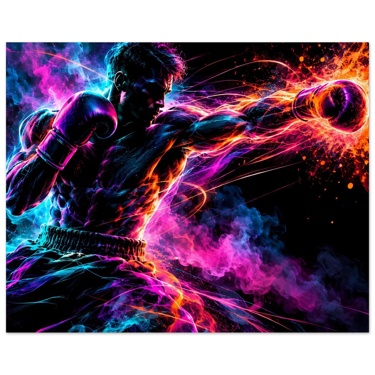 Neon-Boxer-Poster im Querformat mit schwarzem Rand: violette, blaue und orangefarbene Energieeffekte.