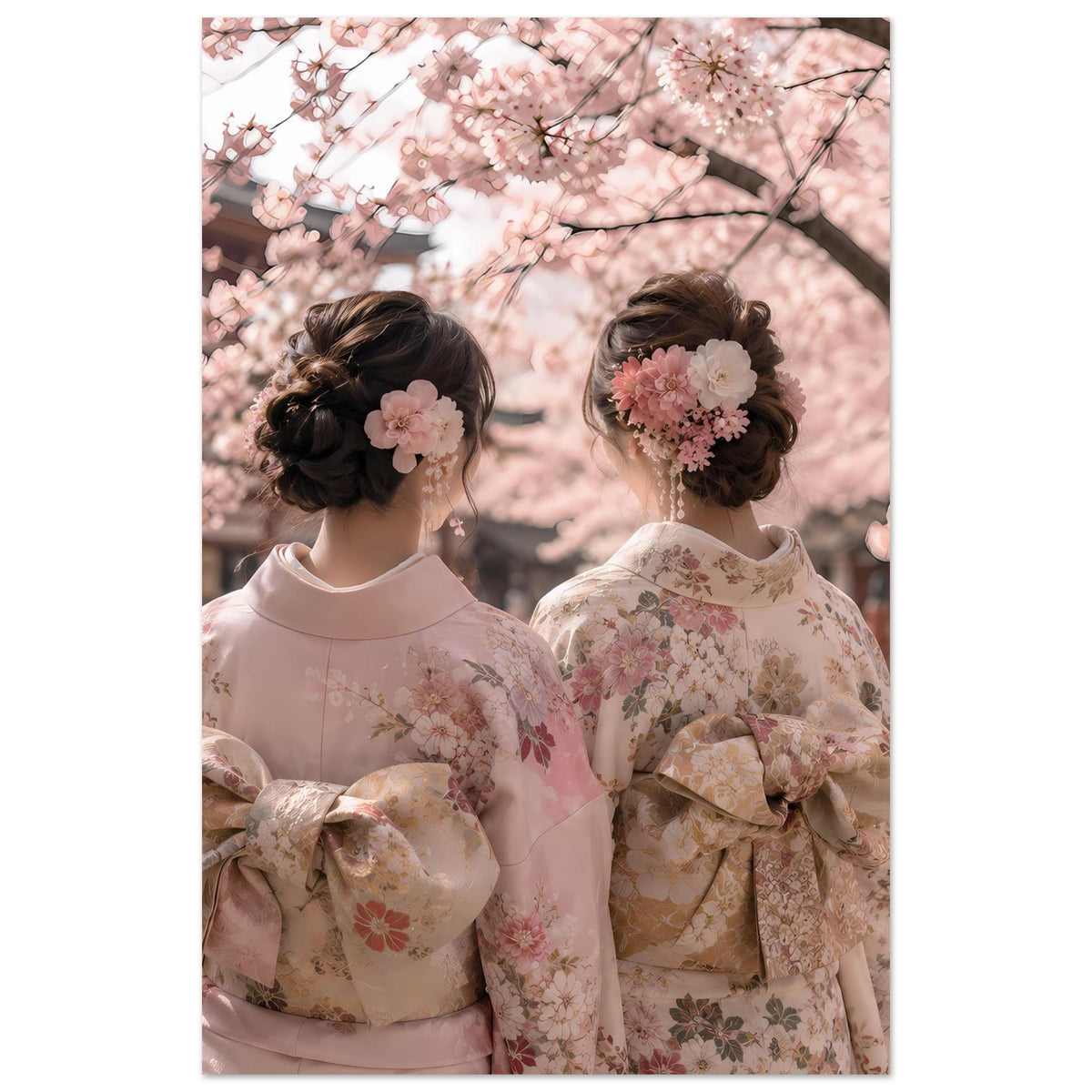 Kirschblüten-Kimono-Poster im Hochformat: zwei Frauen in hellen Pastell-Kimonos