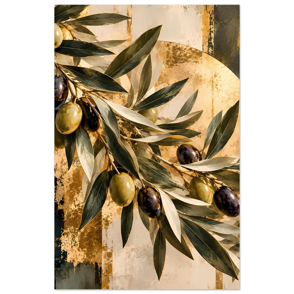 Botanisches Kunstposter: Olivenzweig mit grünen, goldenen und schwarzen Früchten