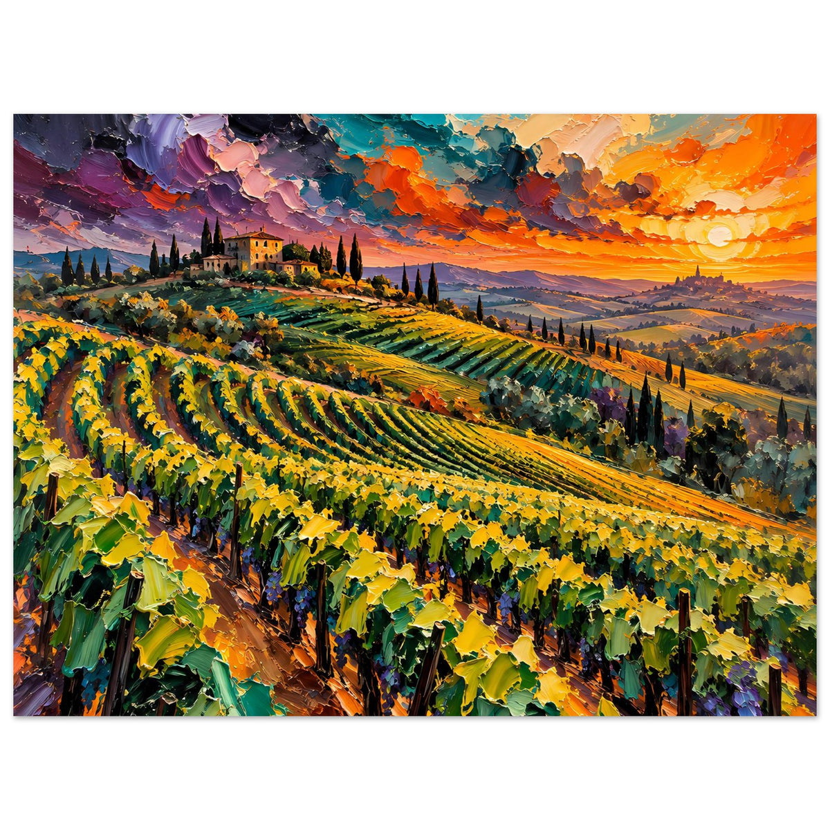 Landschaftsposter mit Rahmen: Weinberg bei Sonnenuntergang, orange-blauer Wolkenhimmel