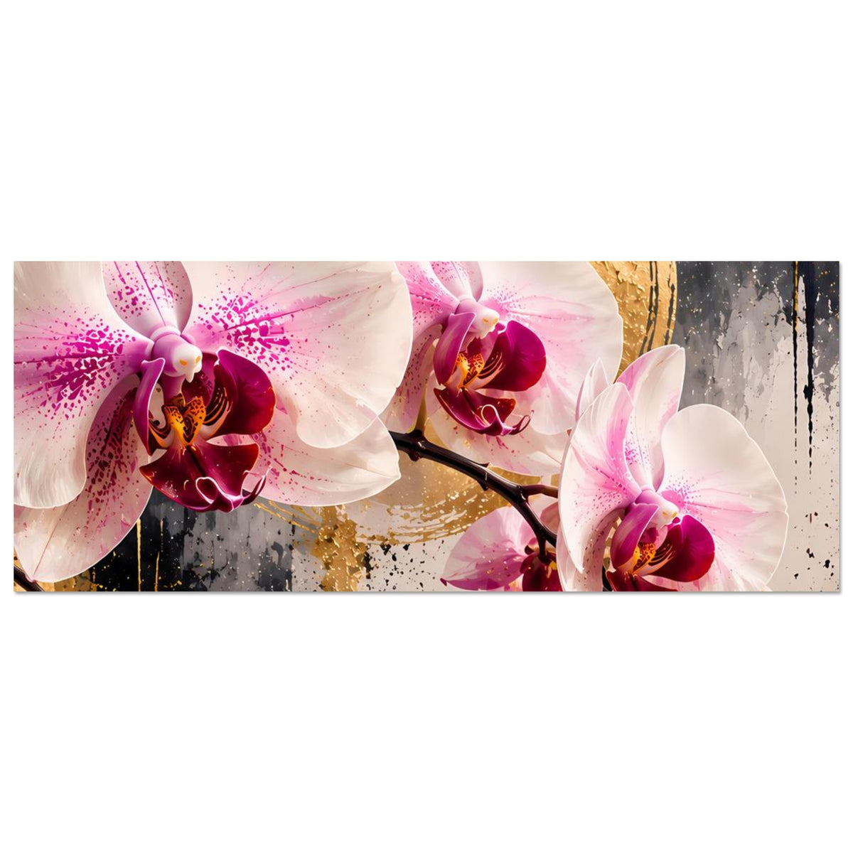 Orchideen-Poster, Panorama: große Blüten in Weiß und Rosa, goldener Kreis im Hintergrunddesign