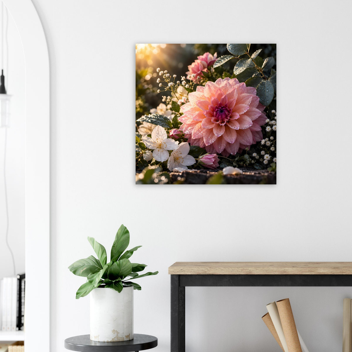Blumenposter mit rosa Prachtblüte, weißen Blüten und grünen Blättern
