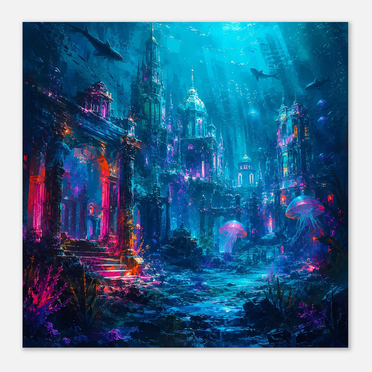 Fantasy-Unterwasserposter im Querformat mit versunkener Stadt und leuchtenden Quallen