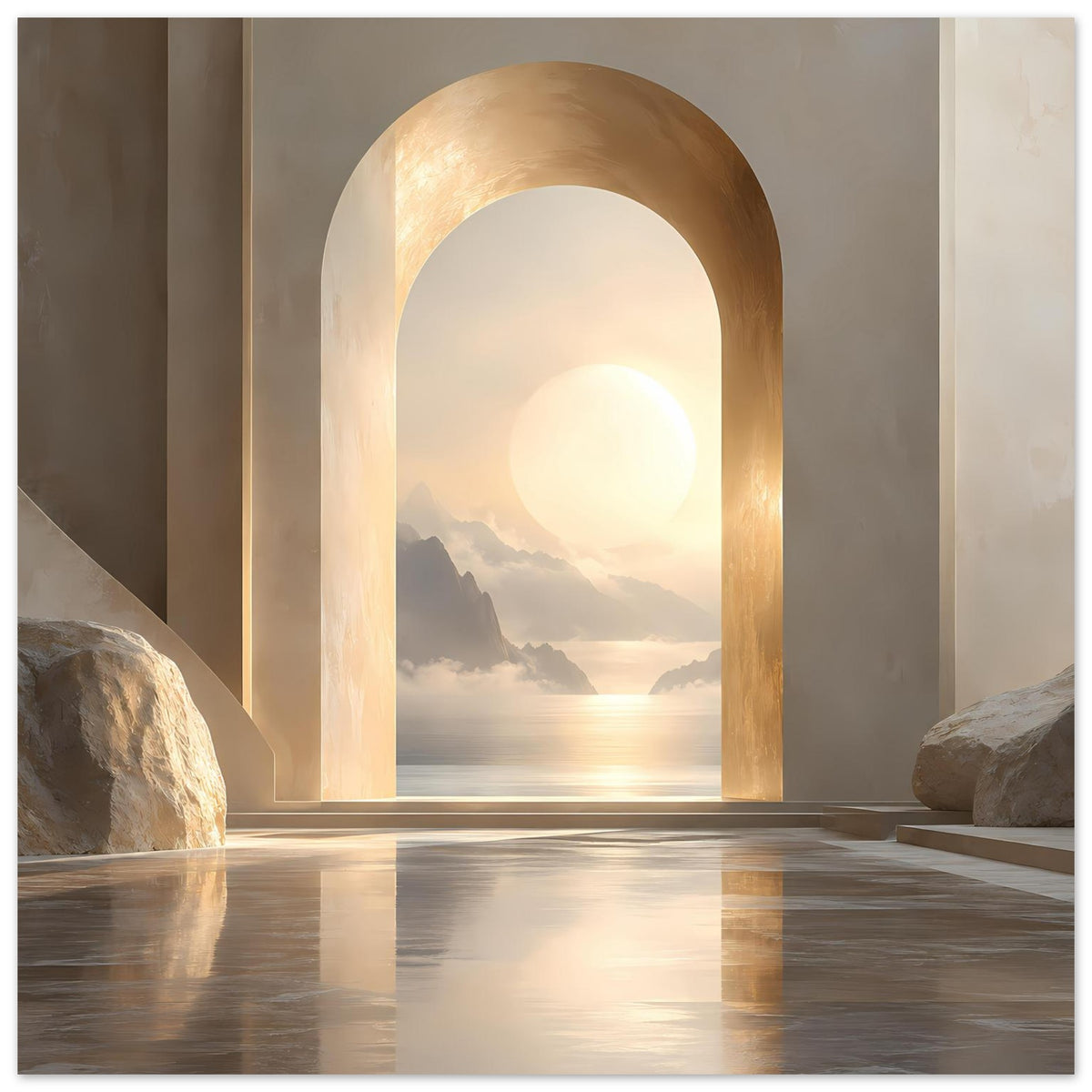 Wandposter mit goldenem Bogen, Sonnenaufgang über Küste, Berge und Spiegelung auf Wasser