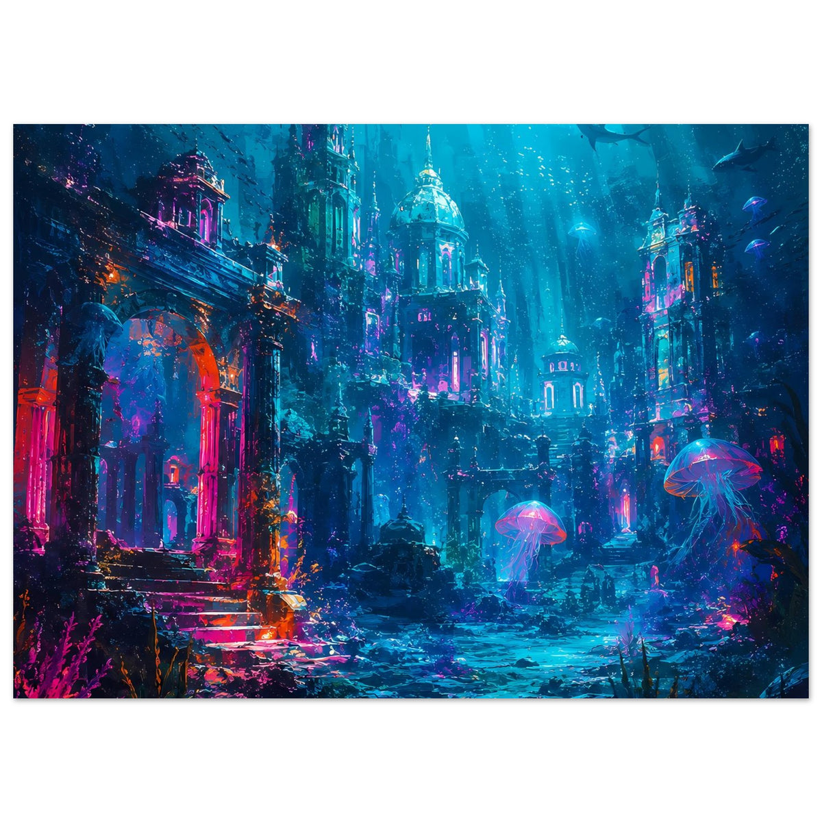 Fantasy-Unterwasserposter, querformat: versunkene Stadt mit leuchtenden Quallen
