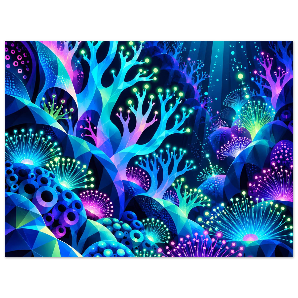 Neon-Unterwasserwelt-Poster im Querformat mit bunten Korallen und schimmernden Lichtpunkten, violett/türkis.