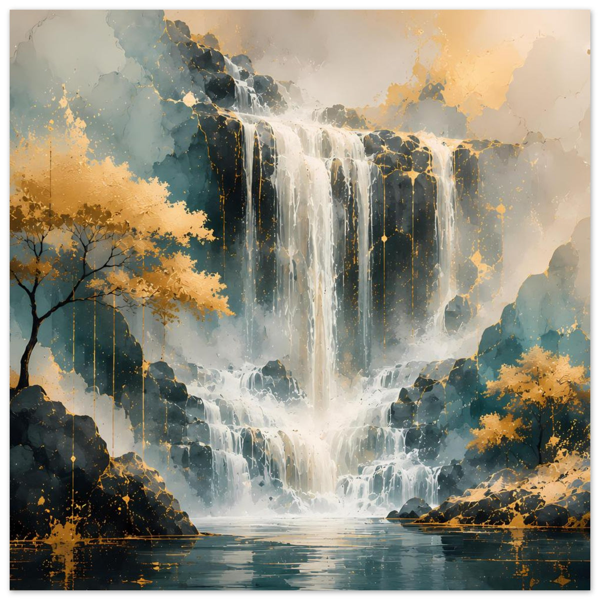 Poster mit Wasserfall-Motiv, blauweiße Fälle und goldene Akzente, Landschaft