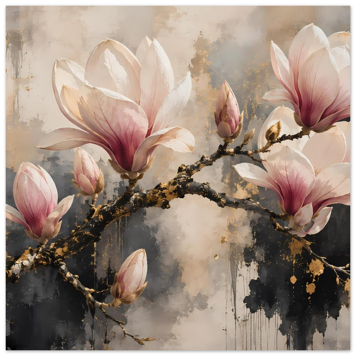 Magnolienblüten-Poster mit goldfarbenem Ast und großen rosa-weißen Blüten vor grafischem Hintergrund.