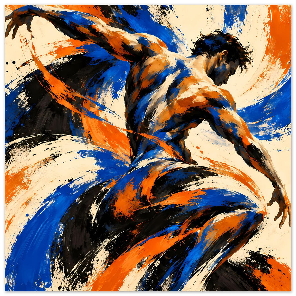 Abstraktes Kunstposter, vergrößerte Darstellung der Aktfigur in Blau, Orange und Schwarz