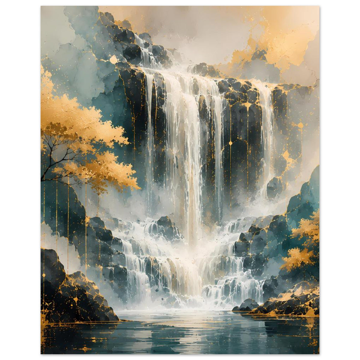 Poster mit Wasserfall über Felsstufen, weißer Wasserfall, goldene Akzente und Blau