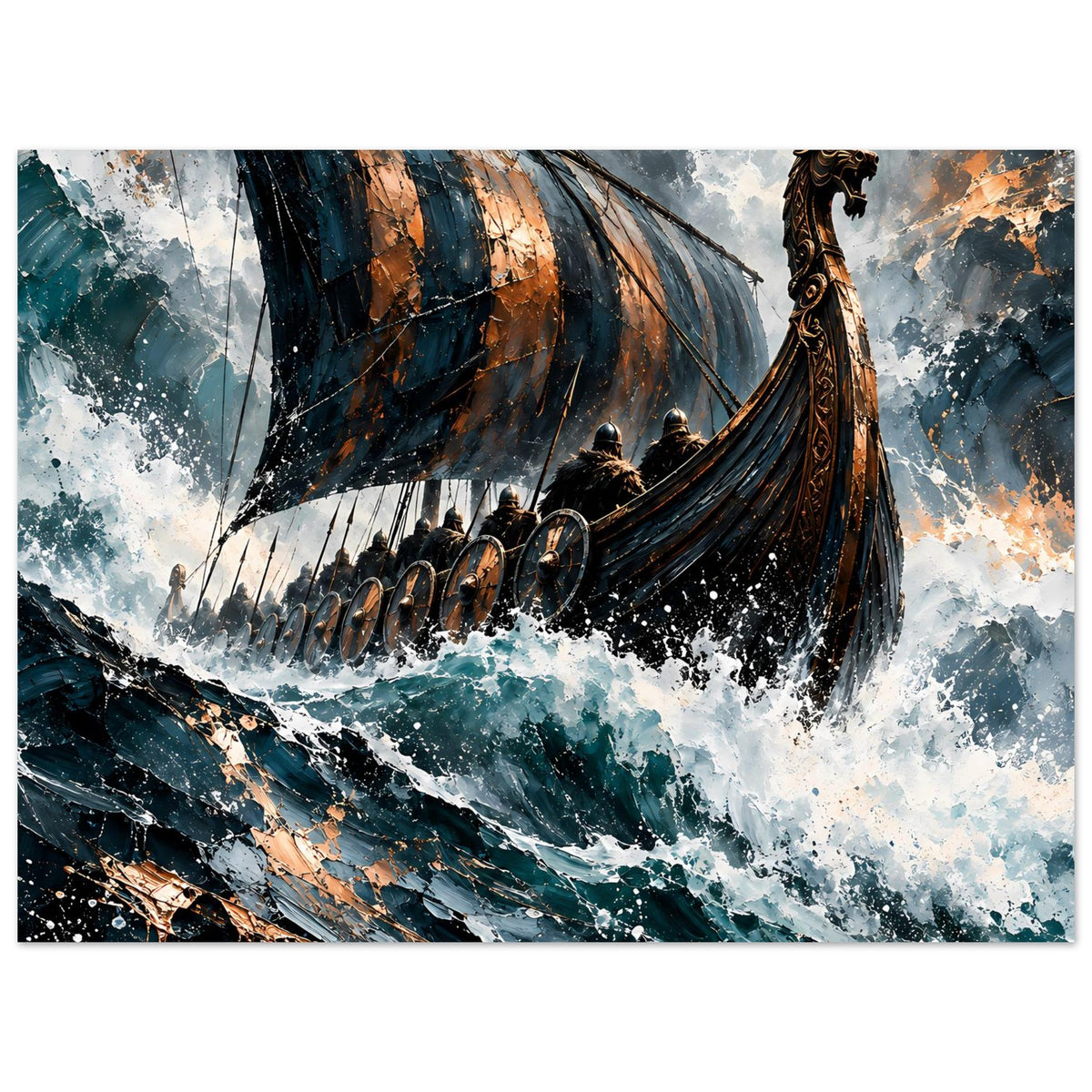 Wikinger-Longship Poster: Breite Ansicht des Langschiffs mit Segel, Kriegern und Wellen in Blau
