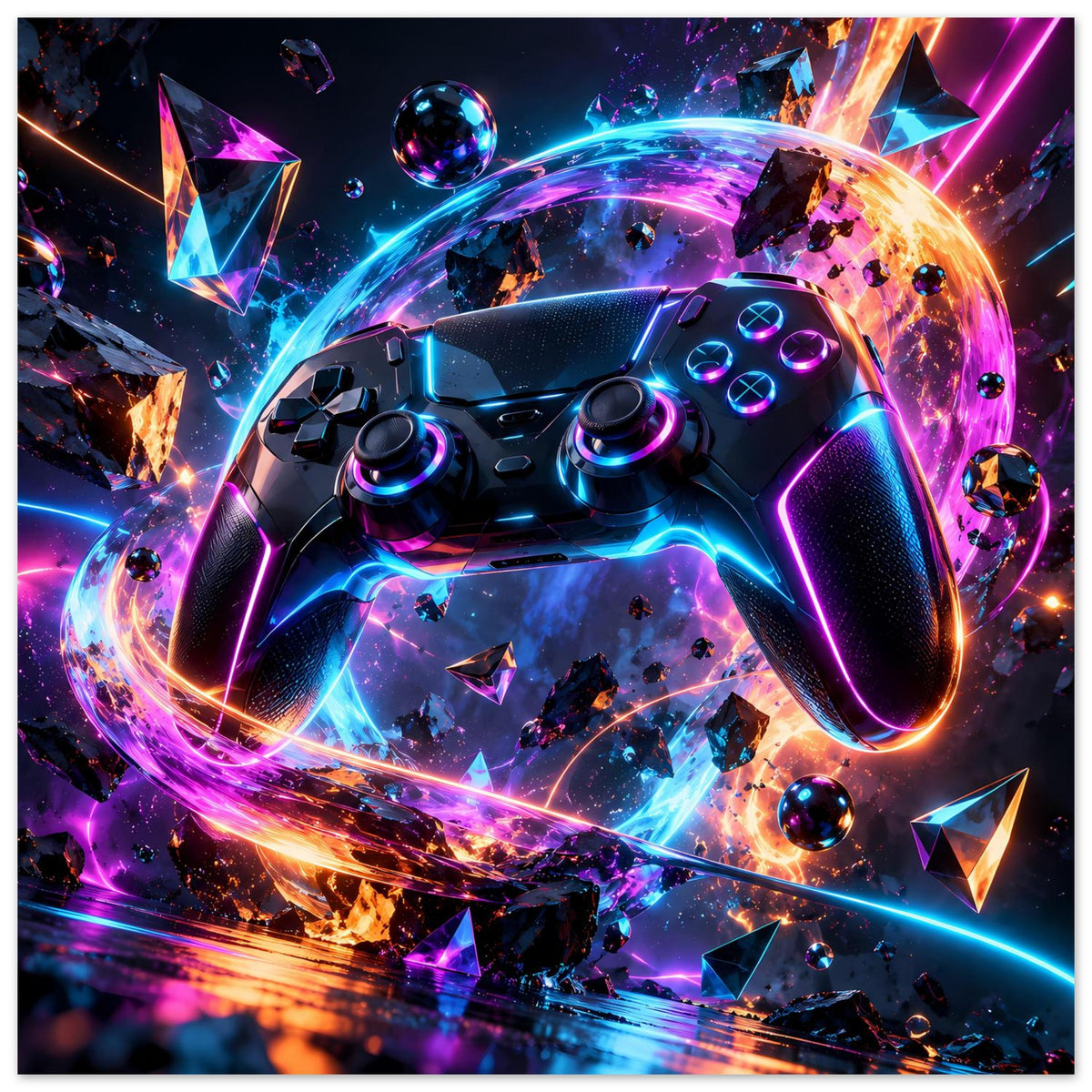 Neon-Poster mit großem Gaming-Controller, dynamische Lichtspuren und schwebende Kugeln
