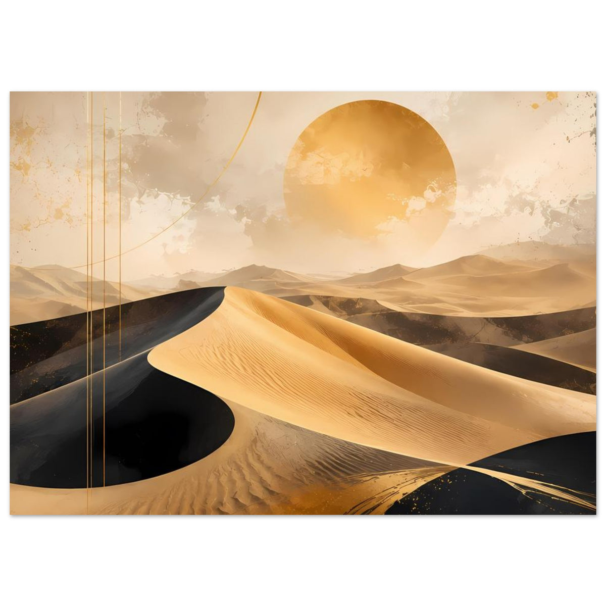 Wüstenlandschafts-Poster mit goldenen Dünen, schwarzem Sand und Sonnenscheibe im Kreis