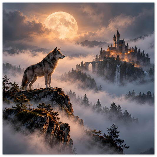 Poster mit dunklem Wolf auf Felsen, Vollmond und beleuchtetem Schloss in Nebelwaldszene