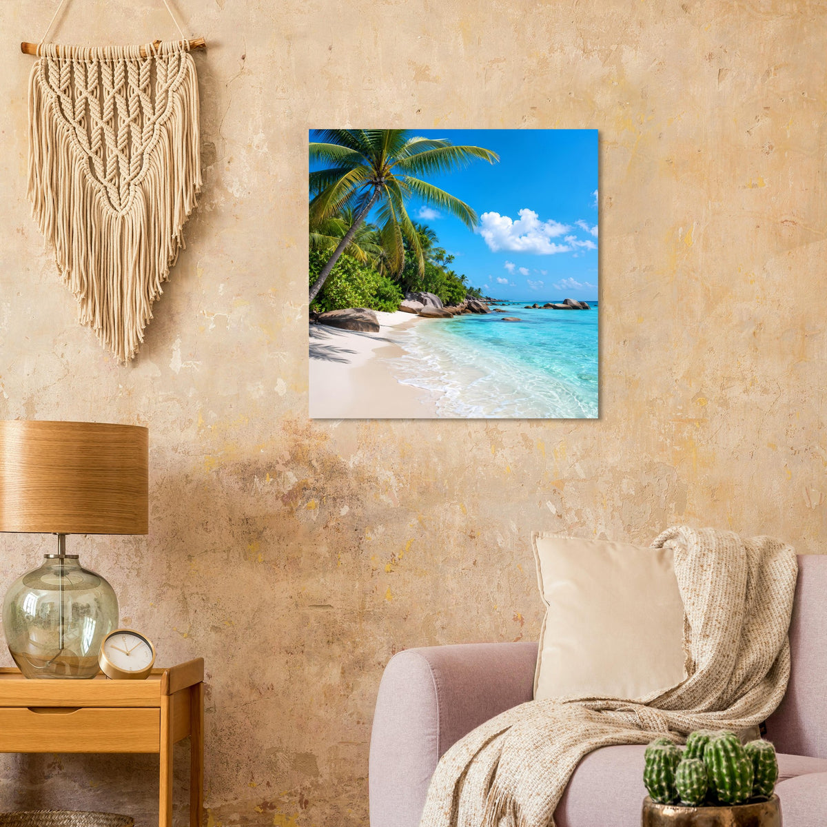 Quadratisches Strandmotiv-Poster mit Palmen, türkisblauer Wasserlinie und Sandstrand
