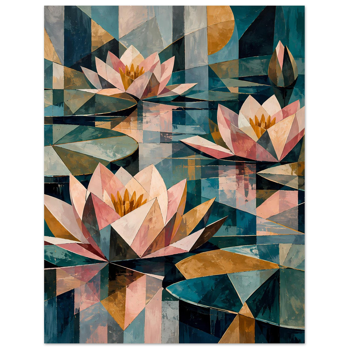 Blumenposter mit Seerosen-Motiven in Pastell- und Petrolfarben, klare Kachelstruktur