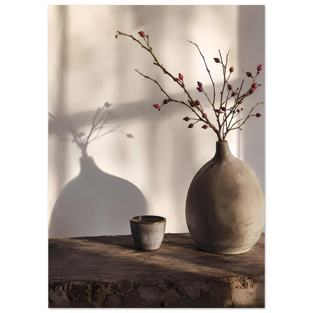 Still-Life-Poster mit Keramikvase, roten Beeren an Zweigen und Becher auf dunklem Holz