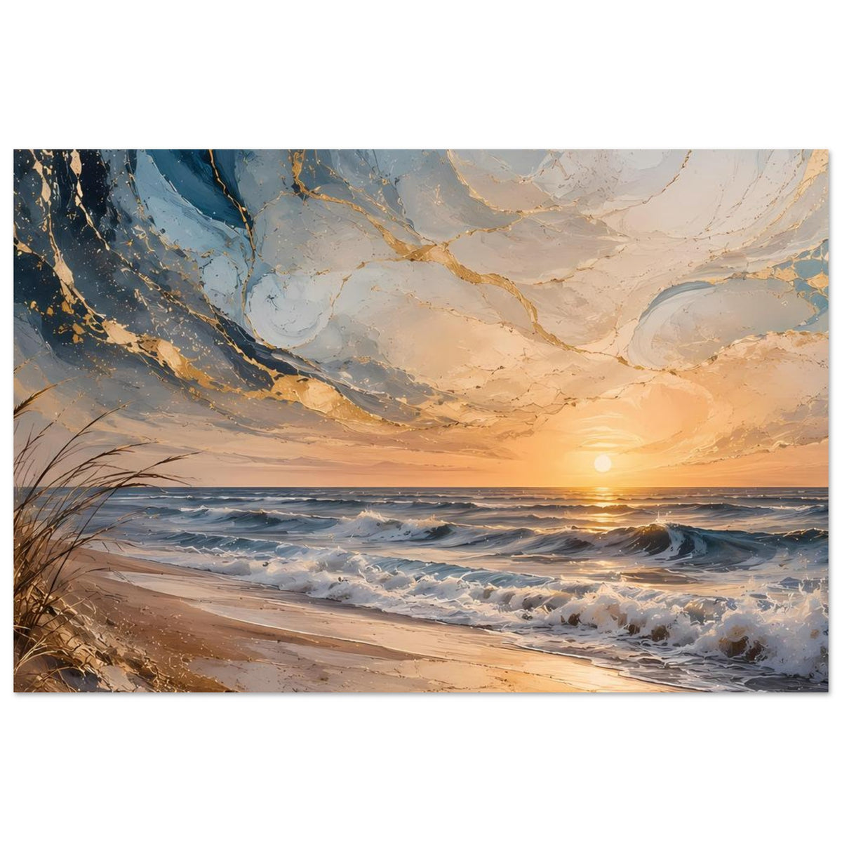 Meerstrand-Poster im Querformat: Wellen an der Küste, goldener Sonnenuntergang, abstrakter Himmel