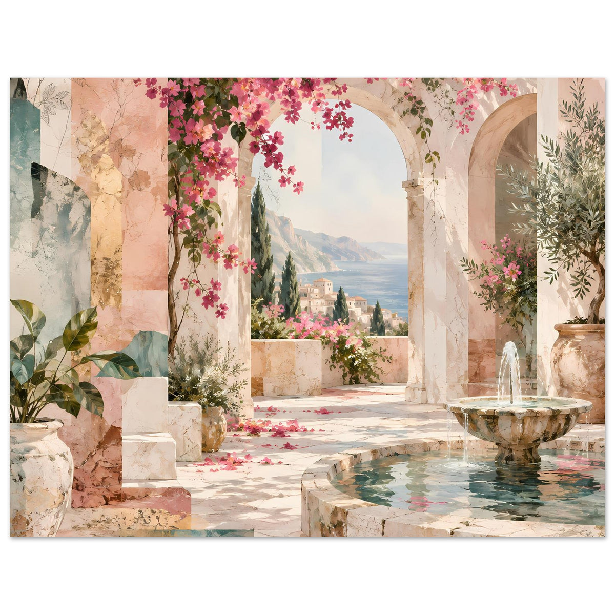 Kunstposter: Arkadengang mit rosa Blüten, Steinterrasse und Brunnenbecken rechts