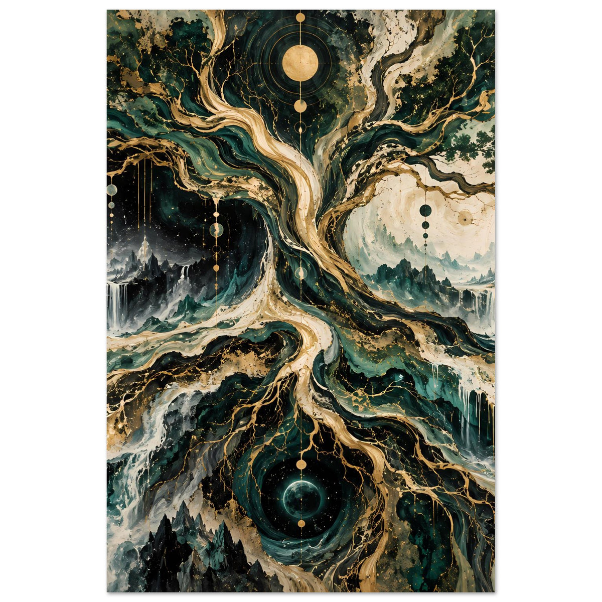 Wandposter im Hochformat: großer Baum mit planetaren Kreisen, Sternelementen und Nebel-Wasserfällen